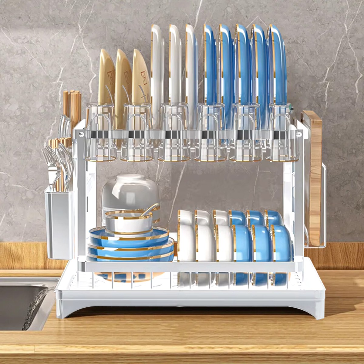 2 Tier Dish Drying Rack Dish Drainers for Kitchen Counter Storage Cutlery Holder