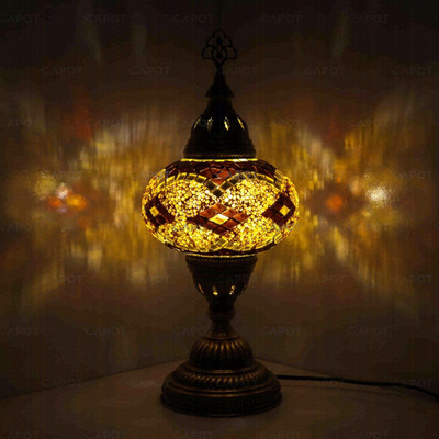 Bernsteinfarbene türkische Mosaik Tischlampe - handgefertigte marokkanische Diamant Boho Schreibtischlampe