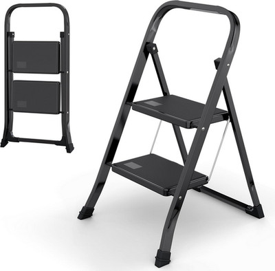 2 Step Ladder Foldable Steel Step Stool 330lbs Capacity Anti-Slip Wide Platform