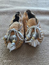 Newborn Brown Leather Moccasin Slippers Beaded Tassel Lace Up Native Theme