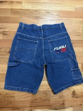 Y2K FUBU Men's Denim Cargo Shorts Embroidered Logo Button Zip Medium Wash