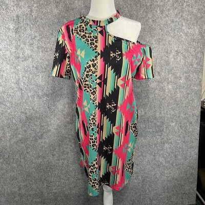 Crazy Train Shift Dress Cutout Cold Shoulder Bold Aztec + Leopard Print Womens M