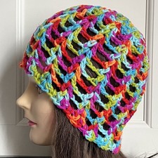 Crochet Festival Skull Cap Boho Mesh Beanie Hat Lace Rainbow Multi Neon
