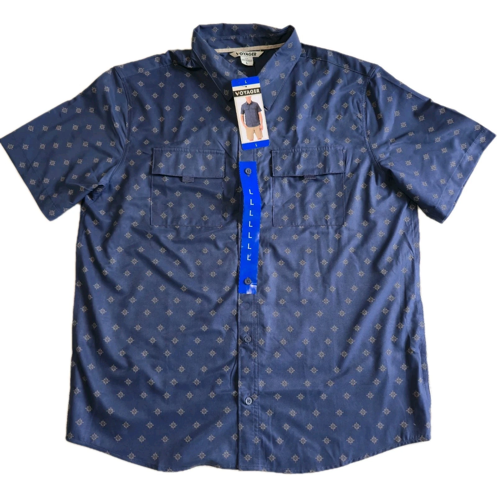 Voyager Button Up Shirt Men's Large Blue UV Protection 50+ Wrinkle Resistant