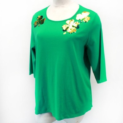 Quacker Factory Plus Irish St. Patrick's Shamrock Sequins Shirt Blouse Top 3X