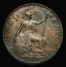 1909 Edward VII HALF PENNY, Bare Head Bronze Coin - NICE