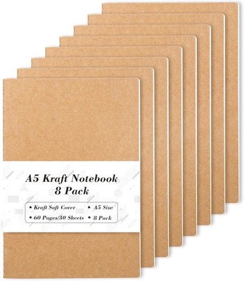 feela 8 Pack A5 Kraft Notebooks, 60 Lined Blank Pages Travel 8 