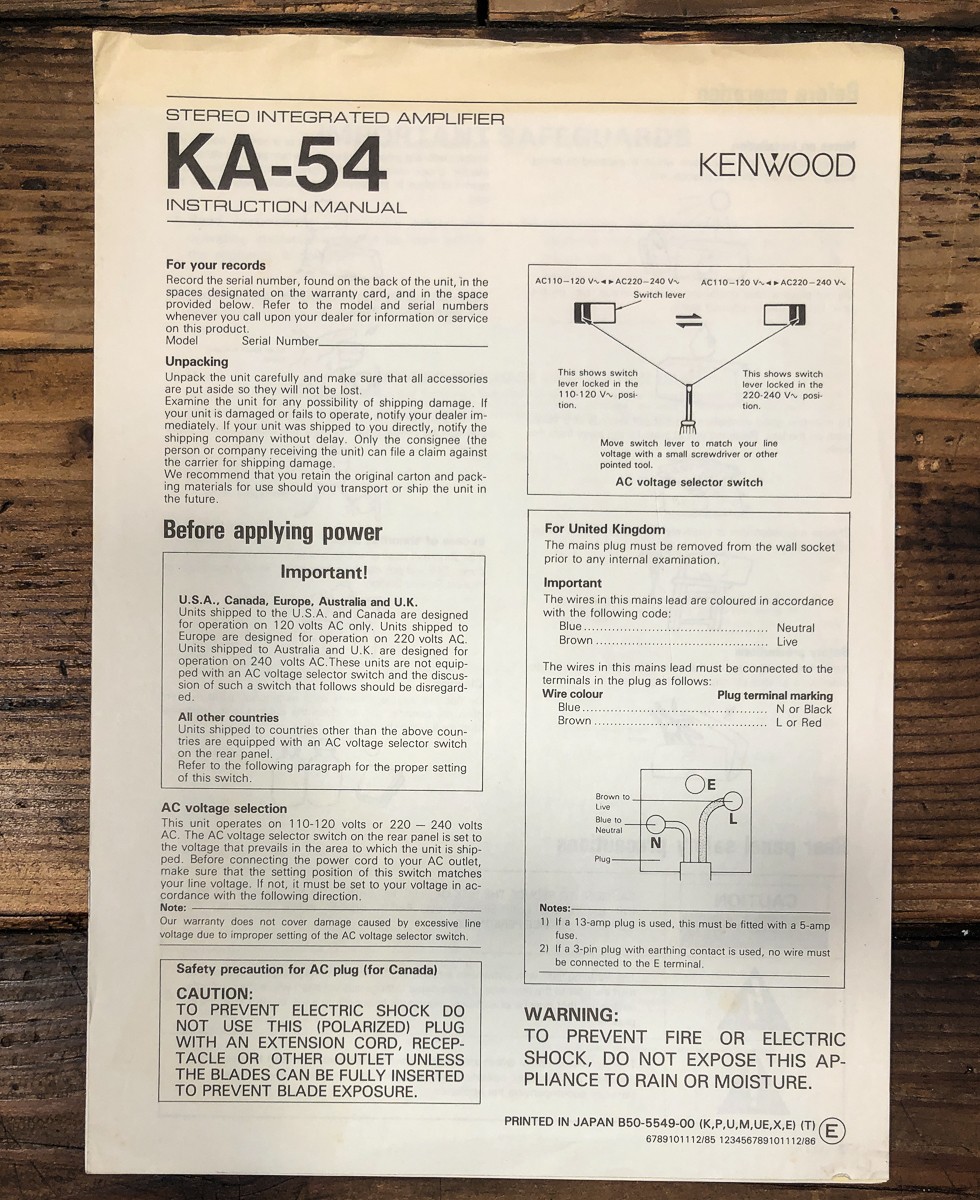 Kenwood KA-54 Amplifier Owners / User Manual *Original*
