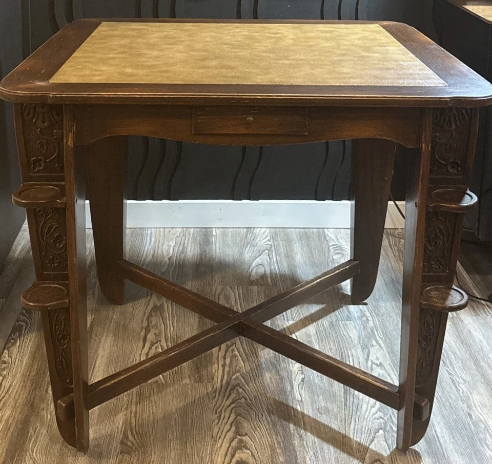 Antique Romweber Viking Oak Game Card Poker Table – Carved Cup Holders Cigar Bar - Image 2 of 4