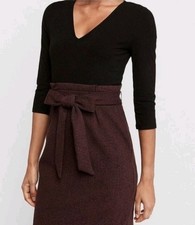 Express Jacquard Lined 1 Piece Dress Black/Burgundy V Neck Sash Belt Comfy Sz M