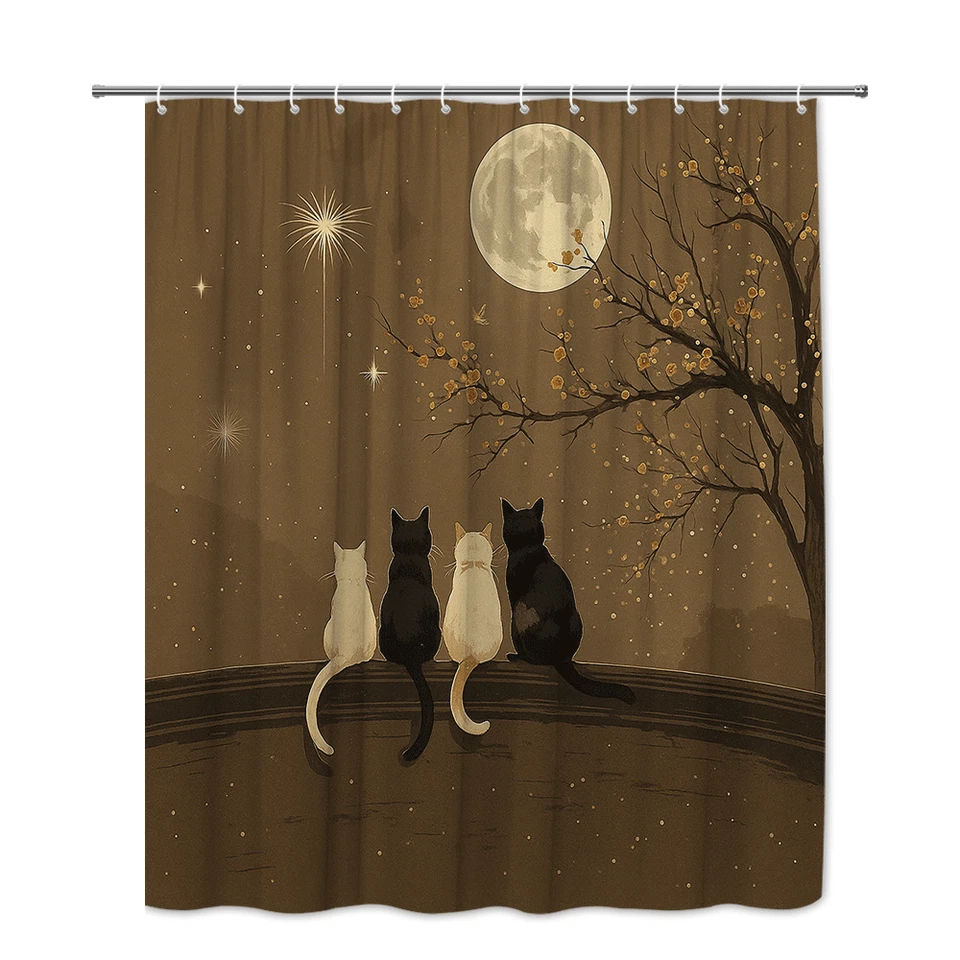 1 pieza Cortina de Ducha Gato Luna Noche Negro Blanco Gatos Árbol Cielo Estrellado Baño Decoración Foto 2 de 4