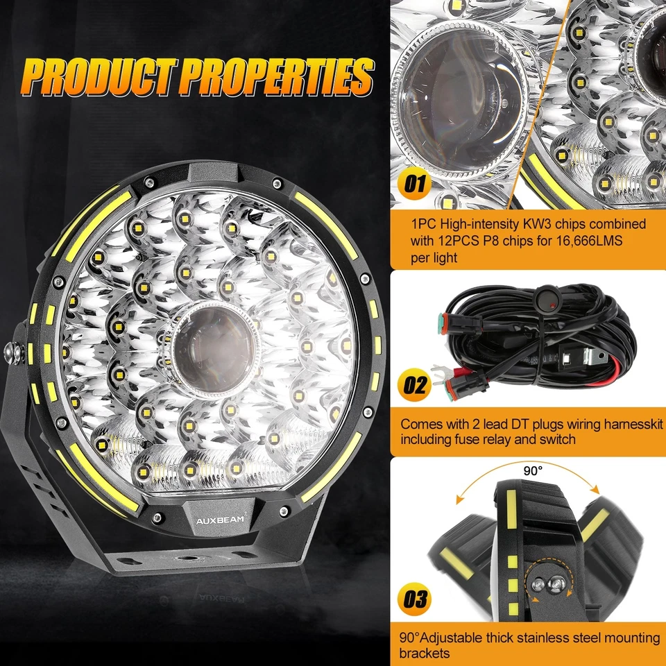 AUXBEAM 9" LED Light Bar Spotlight Headlight & Black Cover For Dodge Chevrolet - Imagem 4 de 4