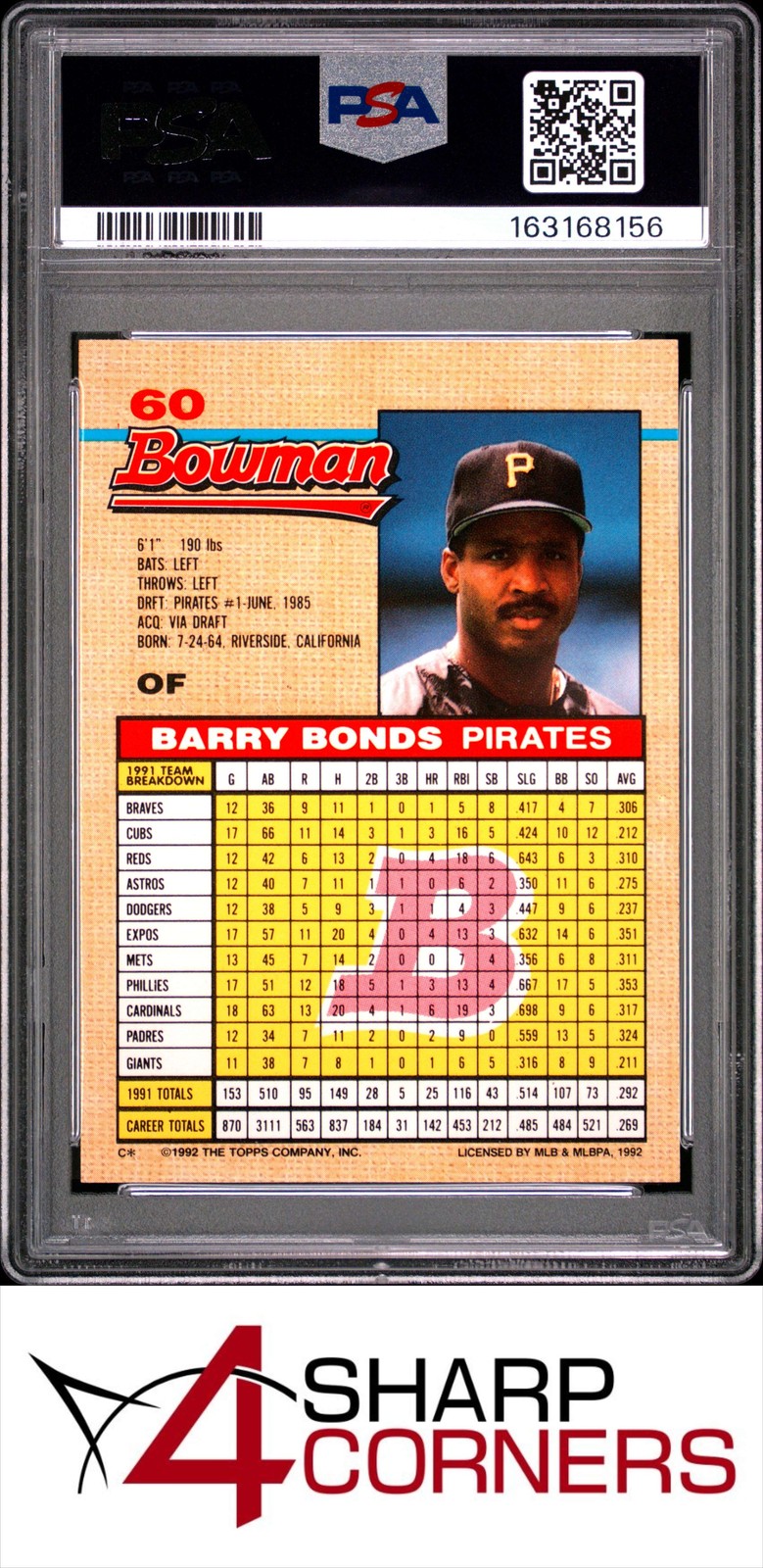 1992 BOWMAN #60 BARRY BONDS PIRATES PSA 10 view 2