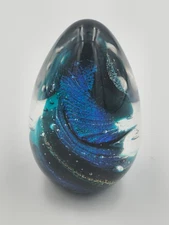 Vtg BSG '94 Paperweight Black Sheep Glass Egg Wimsical Green Blue Glittered 3"