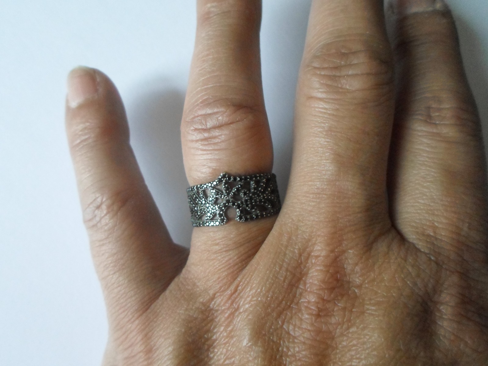 solid silver ring, openwork, paved with black zir… - image 3