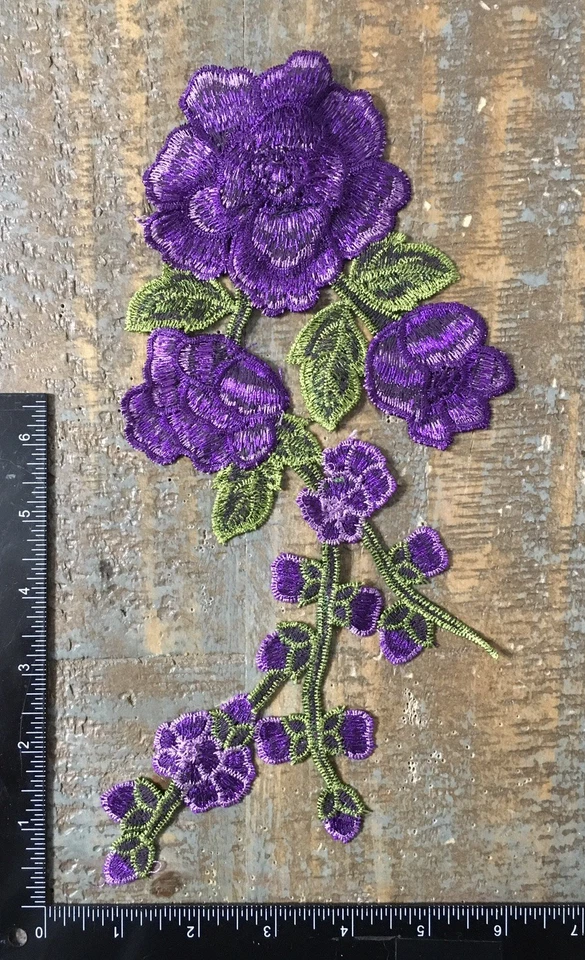 LONG STEM PURPLE ROSE Flower Plant Floral Roses Buds Garden Applique Patch 12X5 - Image 4 of 4