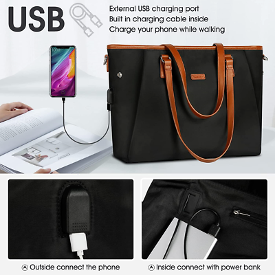 15.6 Inch USB Laptop Tote Bag For Women - Waterproof Work Bag With 15 Pockets & Purse