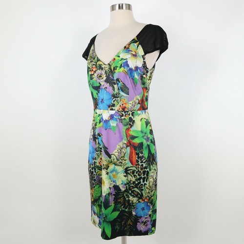 Alexia Admor Sheath Dress 4 Floral Black Sheer Mesh Cap Sleeves Green Purple - Picture 5 of 13