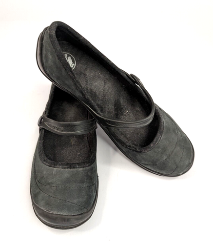 Crocs Women's Mary Jane Shoes Sz 7 #10889 Nubuck Leather Wedge Loafer Black