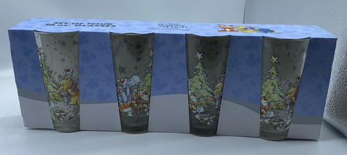 Juego de 4 vasos de vidrio de Navidad Disney Winnie the Pooh 16 oz nuevos