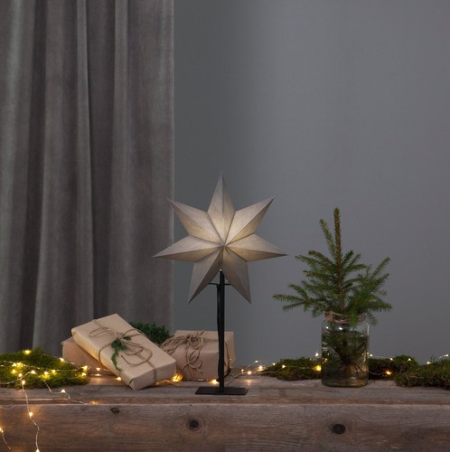 Tischlampe Weihnachtsstern Dekostern beleuchtet Papier in grau und Holz 55 cm - Bild 2 von 6