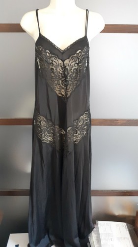 Camisón vintage Miss Elaine negro con inserciones largas de encaje nailon talla mediana - Imagen 2 de 4