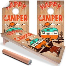 Happy Camper Wooden Plank Style Cornhole Wraps Stickers Cornhole Skins Wraps