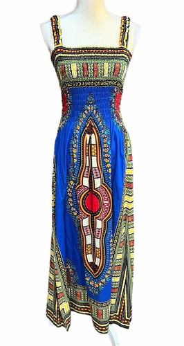 India Boutique Smocked Maxi Dress African Tribal Boho Hippie Festival ONE SIZE