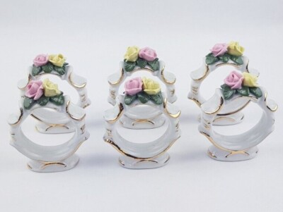 Vintage 6 Porzellan Serviettenringe handmade 3D Rose Shabby chic