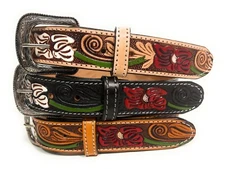 KIDS WESTERN LEATHER BELT,  GIRLS FLORAL DECORATED COWBOY COWGIRL RODEO BELT