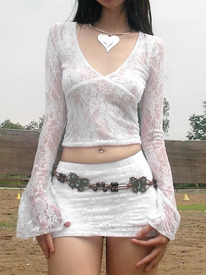 Y2K Lace T Shirt Bow V Neck Flare Sleeve Crop Top Women Vintage Elegant mesh T