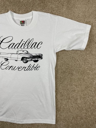 T-shirt vintage Fruit of the Loom uomo piccola regolare convertibile Cadillac bianca - Foto 4 di 10