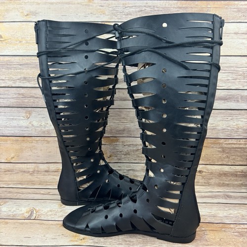 Neu Torrid kniehohe flache schwarze Damen-Gladiator-Schnürsandalen Reißverschluss hinten 8W - Bild 4 von 8