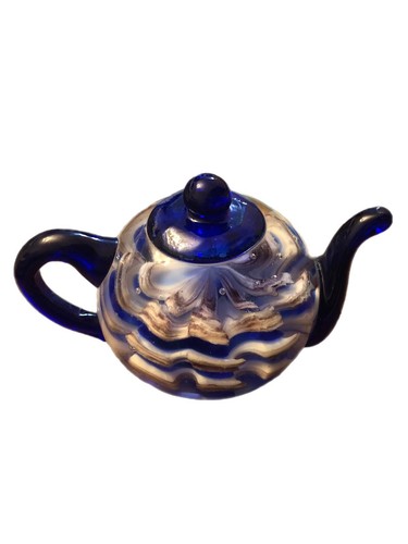 Art Glass Cobalt Blue Clear White Swirl Teapot Paperweight Sea Creature Bubbles - Picture 3 of 8