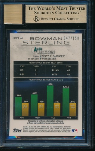 2014 Bowman Sterling Alex Jackson Refractor RC Auto BGS 9.5 Gem Mint #d /150 - Picture 2 of 2