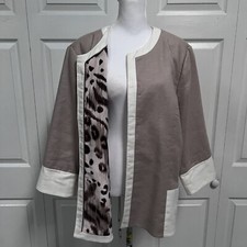CHICO S Women Size 4 Reversible Jacket Linen Taupe Leopard 3/4 Sleeves Open