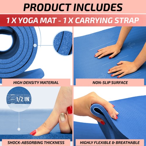 Exercise Yoga Mats 0.375 in Thick w/Carry Strap - Gym Pilates Meditation Fitness - Picture 5 of 13