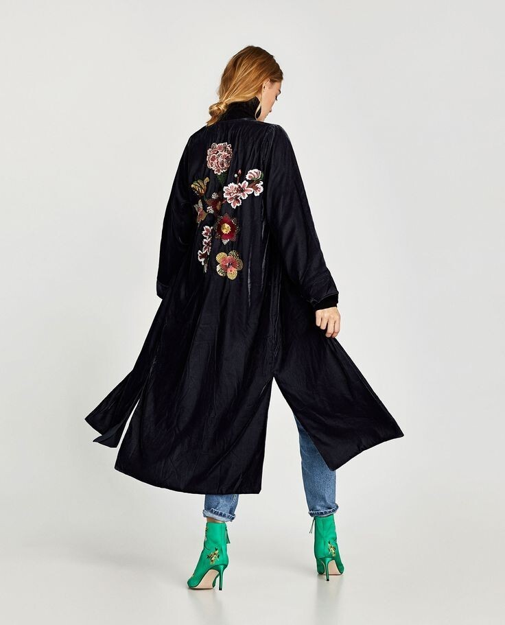 Zara Velvet Kimono Overcoat with Back Floral Embroidery Jacket Medium