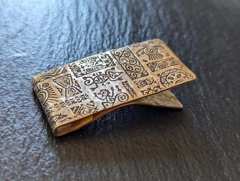 Bronze money clip with primitive symbols - handmade - Image 3 of 4
