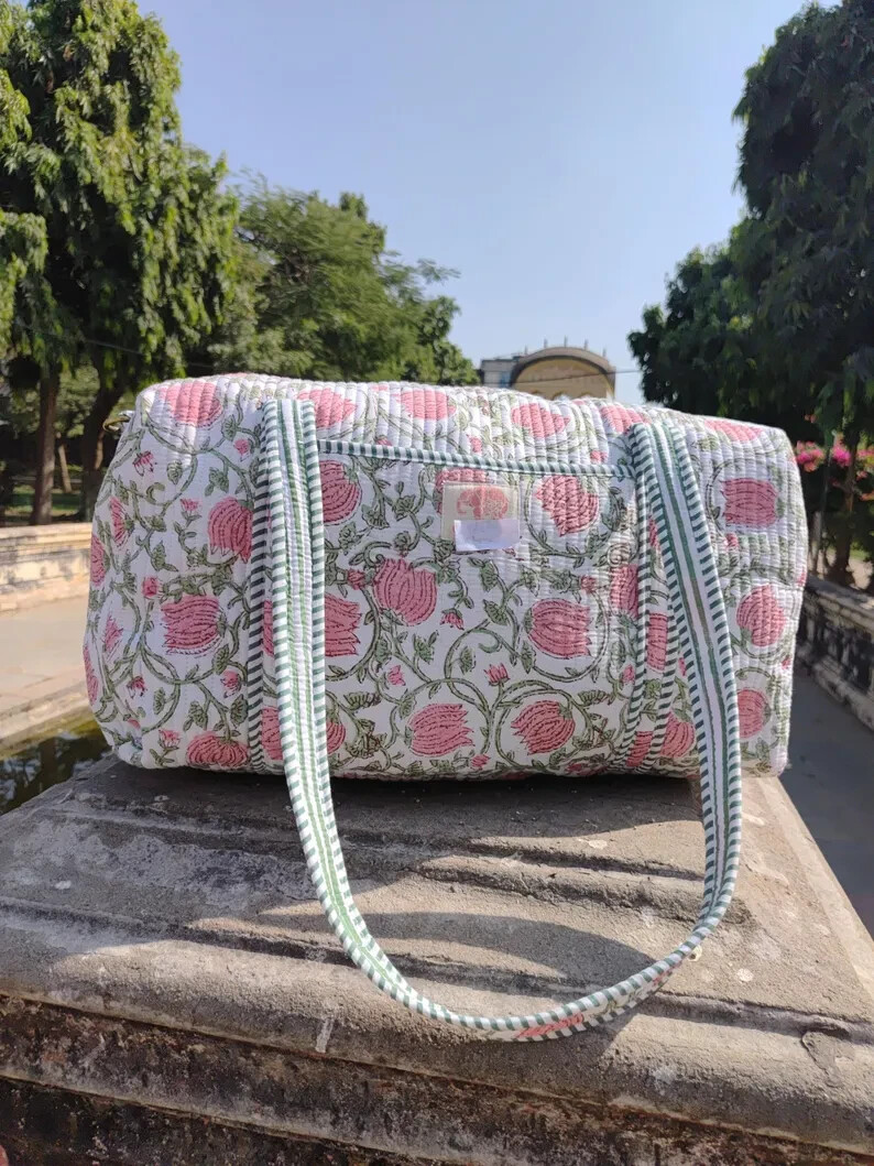 Eco-Friendly Quilted Duffle Tote Shoulder Bag in Peach Pink Floral Cotton