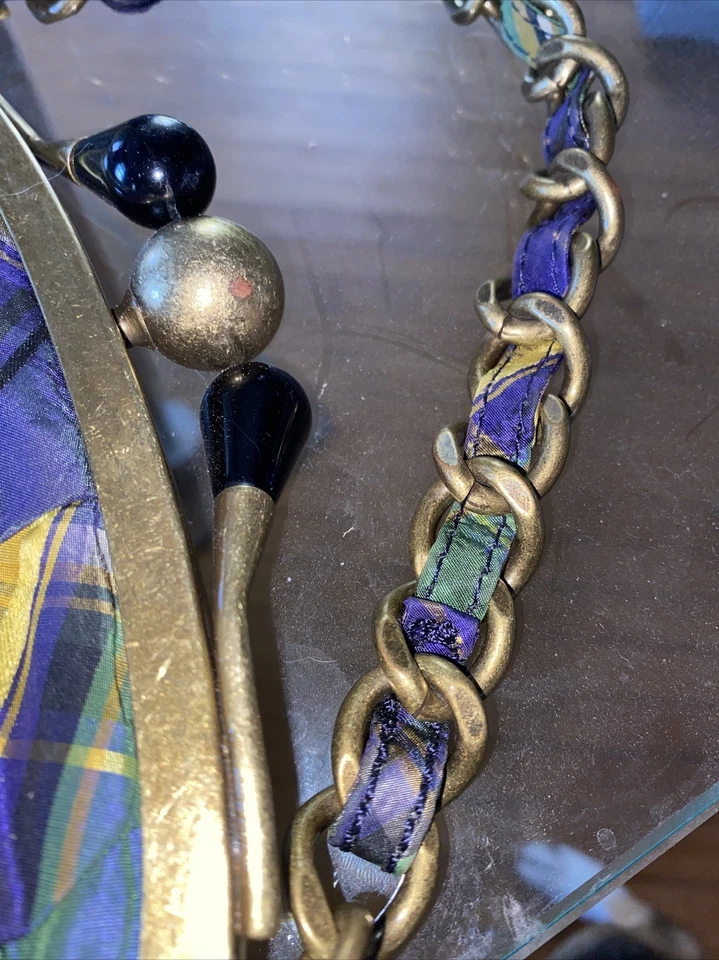 Cartera American Eagle mezcla de seda verde amarillo azul a cuadros cadena dorada de gran tamaño Foto 2 de 4