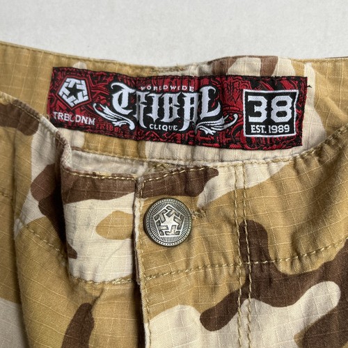 Tribal Gear Shorts Mens Size 38 Cargo Camo Canvas Street Wear Vtg Y2k Baggy Tan - Picture 2 of 8