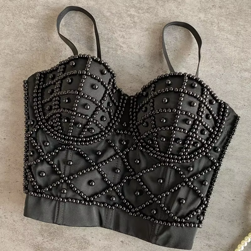 XS-L Beads Female Corset Top Camis Sexy Short Chest Binder Party