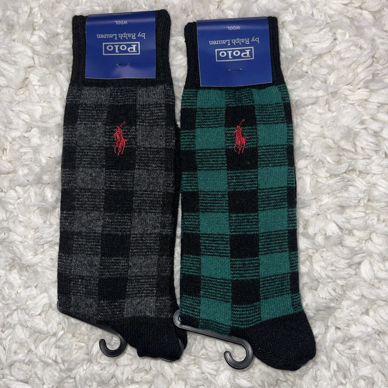 Lot 2 Polo Ralph Lauren Socks Mens Buffalo Wool Boot Wool Checkered Black Green