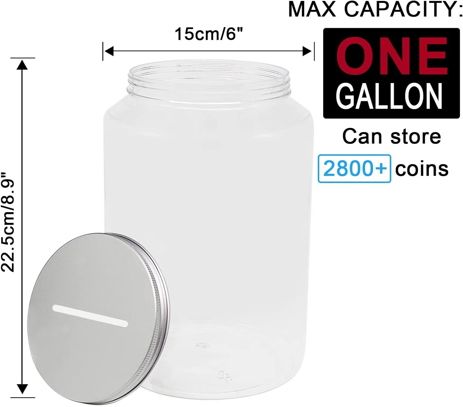 Large Clear Coin Bank Jar with Slotted Lid, 1 Gallon Plastic Money Tip