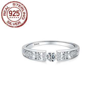 Women Hollow Out Sun Moon Star Cubic Zirconia 925 Sterling Silver Wedding Rings