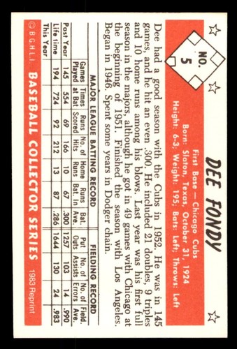 1983 Reprint Baseball #5 Dee Fondy 1953 Bowman B&W Signed Auto (no COA) - Picture 2 of 2
