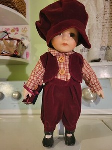 Vintage Doll Red Velvet Christmas Holiday 13” Height On Base.