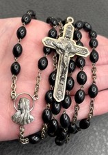 VTG Black Oval Wood Bead Gothic Style Rosary Crucifix Necklace Silver Tone 28  