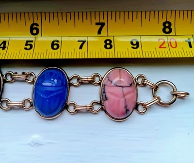 VINTAGE 1940'S STONE SCARAB  12 K GF LINK BRACELET 7.25'' EGYPTIAN